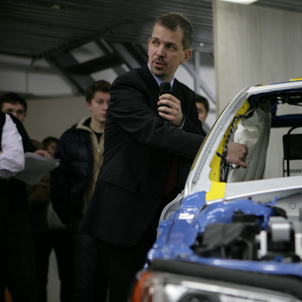 Jonas describes the safety of a Volvo at a PR event in Moscow, in 2008.